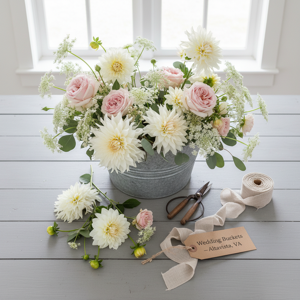 A carefully styled flat-lay in photographic realism featuring a “wedding flower bucket” concept from Blue Ridge Blossom Farm. A large galvanized bucket, filled with artfully assorted stems—cream and blush dahlias, soft peach roses, airy Queen Anne’s lace, and eucalyptus—is placed on a clean, wide plank farmhouse table painted a soft dove gray. Around it, neatly arranged on the tabletop, lie individual loose stems, floral snips, a natural linen ribbon, and a simple kraft paper tag reading “Wedding Buckets – Altavista, VA.” Overhead, bright but diffused natural daylight from a nearby window casts even, shadow-softening light. The mood is refined yet rustic, professional but approachable. Shot from a true bird’s-eye view with crisp detail, creating a clean, modern composition that clearly communicates the DIY wedding flower offering.
