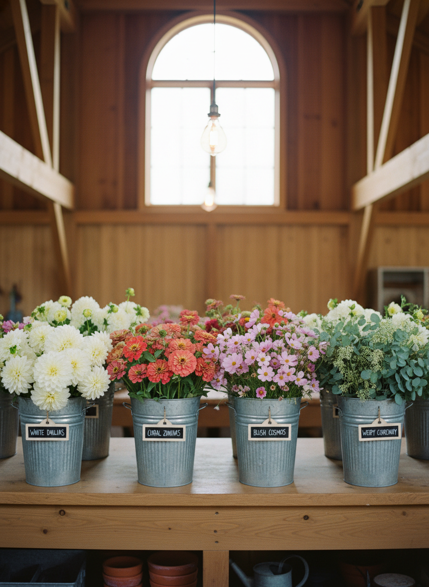 A neat row of galvanized metal flower buckets lined up on a sturdy, natural-wood potting bench inside a tidy barn workspace at Blue Ridge Blossom Farm. Each bucket is filled with a single variety of freshly cut blooms—creamy white dahlias, coral zinnias, pale blush cosmos, and wispy filler greenery—carefully labeled with small chalkboard tags. Overhead, soft, indirect daylight pours in through a high barn window, combining with a single warm pendant light to create balanced, flattering illumination with minimal shadows. The mood is organized, professional, and quietly industrious. Captured in photographic realism at eye level with moderate depth of field, keeping the front buckets in sharp focus while the back buckets fall into a subtle bokeh, ideal for representing wedding flower buckets and wholesale selections.
